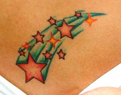 Swirly designs and stars make up this moon henna tattoo.